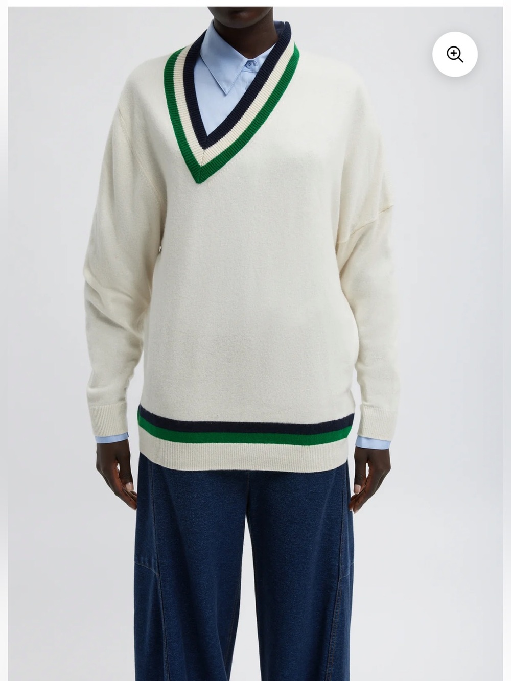 NWOT Tibi Cream V-Neck Cashmere Sweater with Green & Navy Trim, Size XL